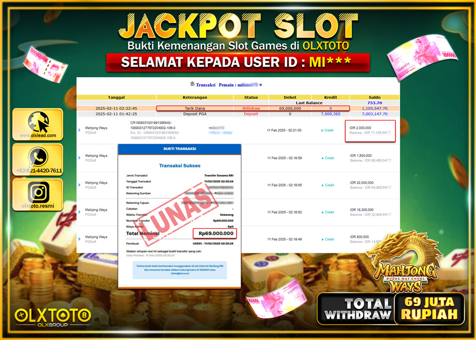 OLXTOTO JACKPOT  SLOT MAHJONG WAYS  Rp.69.000.000.,- LUNAS