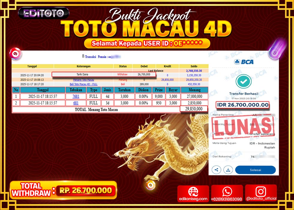 JACKPOT EDITOTO TOGEL PASARAN TOTO MACAU 4D Rp.26.700.000.,- LUNAS 