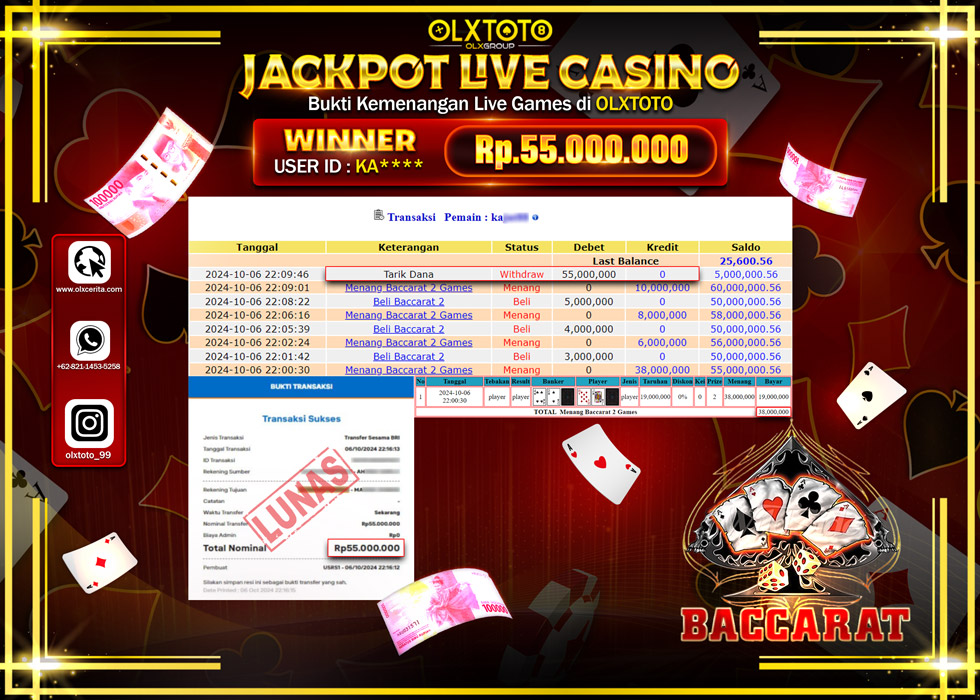 OLXTOTO JACKPOT  LIVE GAMES BACCARAT 2 Rp.55.000.000.,- LUNAS