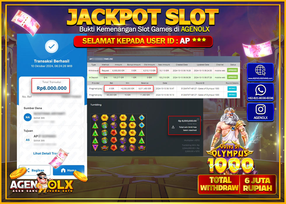 AGENOLX JACKPOT SLOT GATES OF OLYMPUS 1000  Rp.6.000.000,- LUNAS