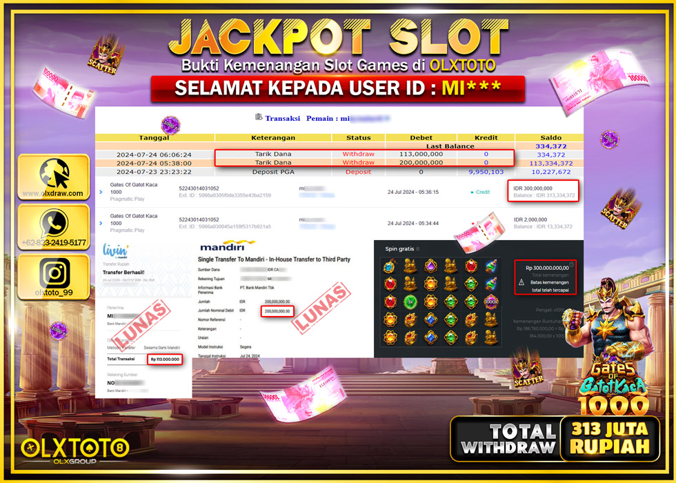 OLXTOTO JACKPOT  SLOT GATES OF GATOT KACA 1000  Rp.313.000.000.,- LUNAS