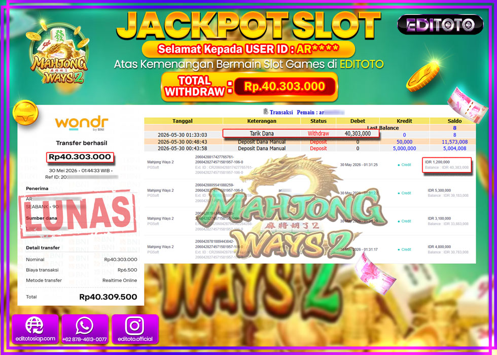 JACKPOT EDITOTO SLOT MAHJONG WAYS 2 Rp.40.303.000,- LUNAS