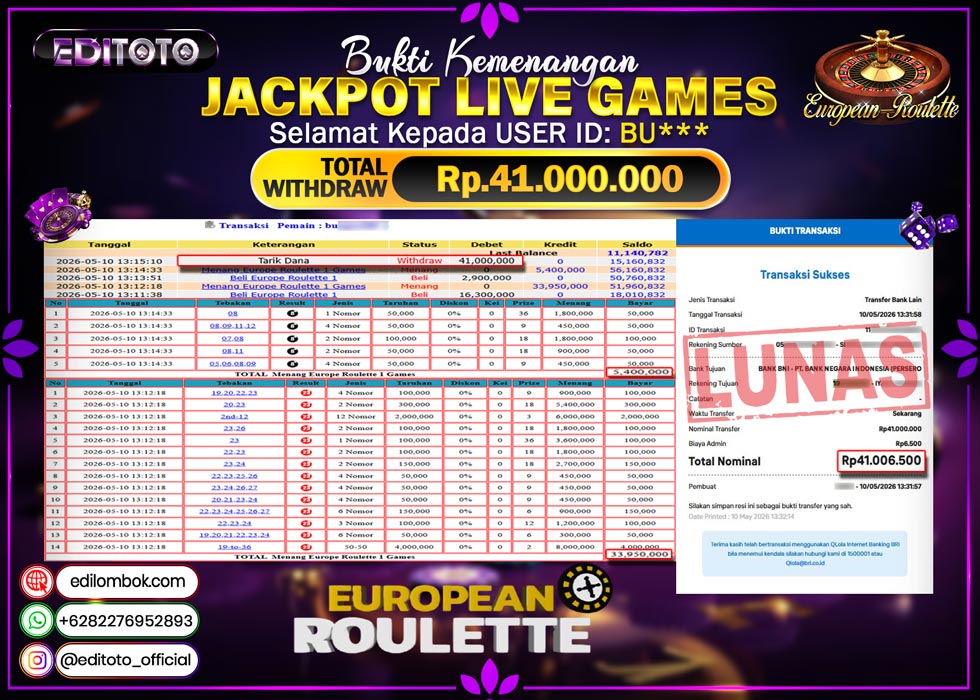 JACKPOT EDITOTO LIVE GAMES EUROPEAN ROULETTE GAMES Rp. 41.000.000.,- LUNAS