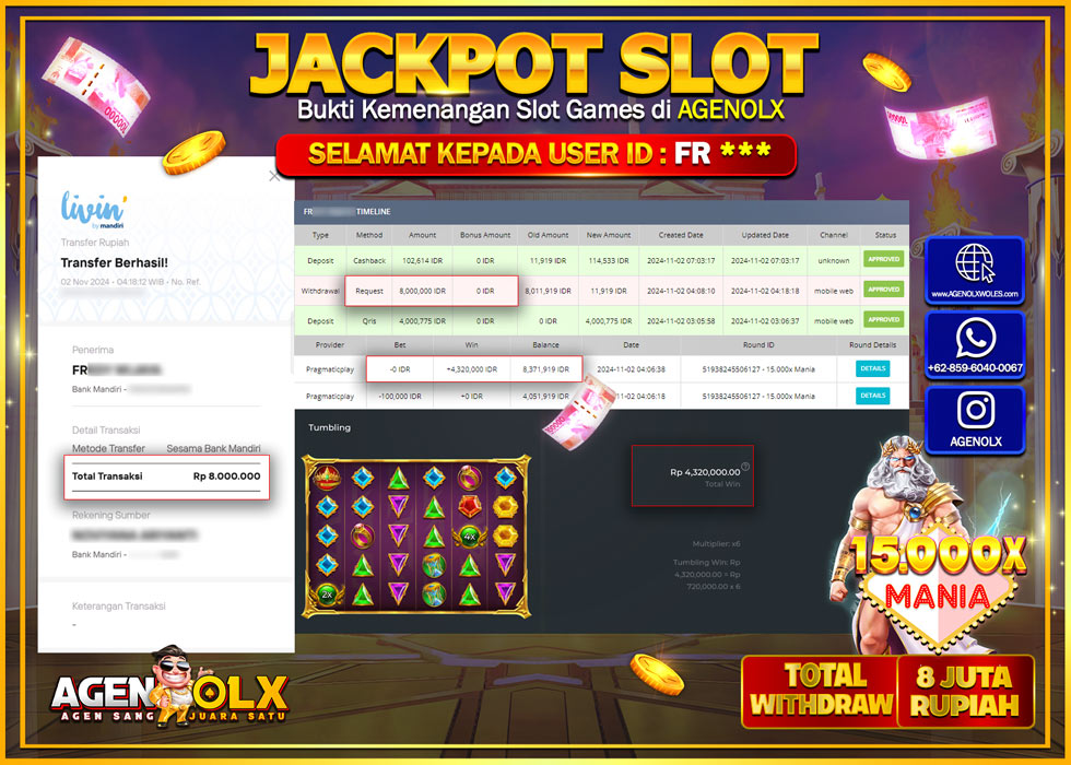 AGENOLX JACKPOT  SLOT 15.000X MANIA  Rp 8.000.000,- LUNAS