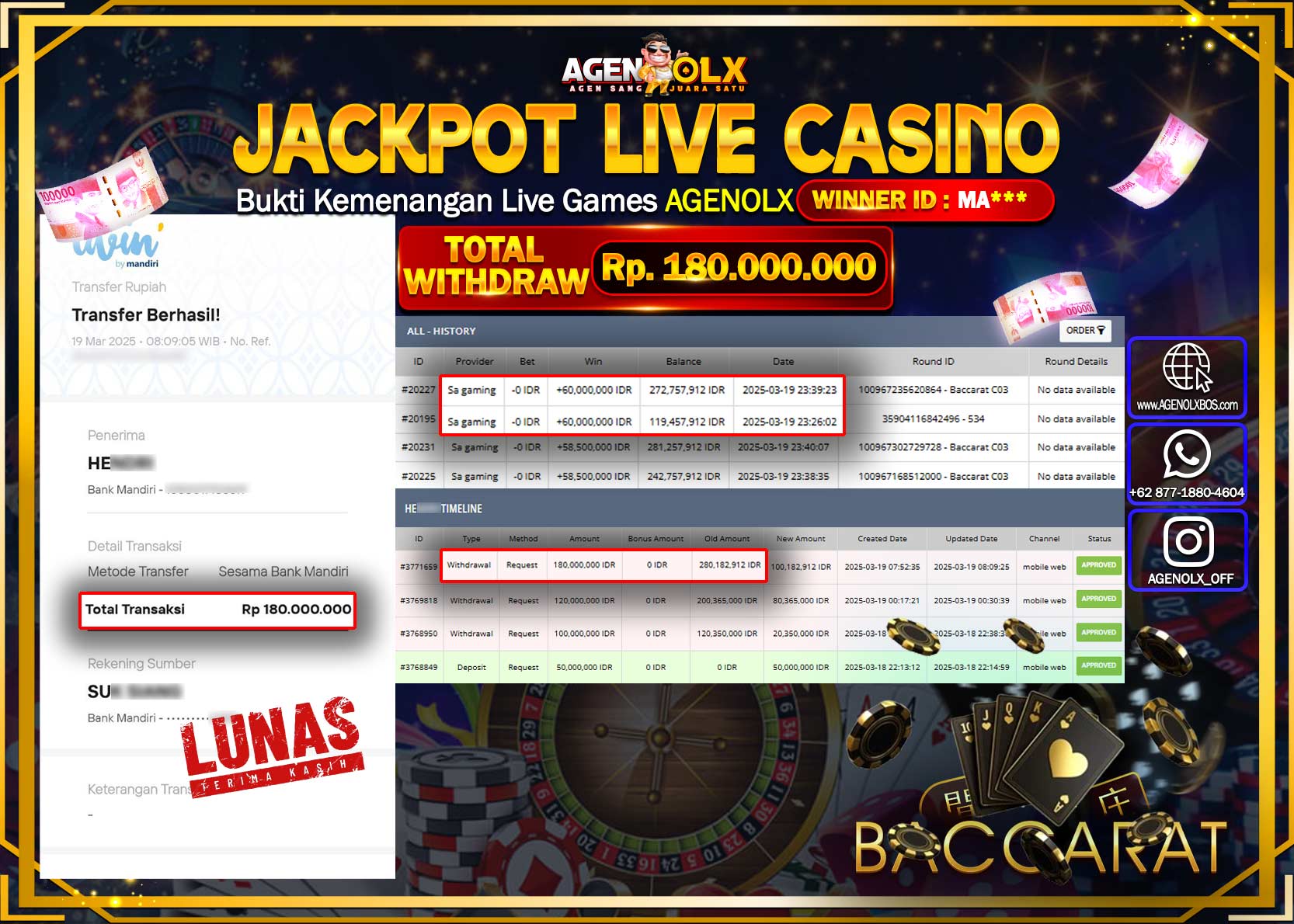 AGENOLX JACKPOT  LIVE CASINO BACCARAT Rp 180.000.000,- LUNAS