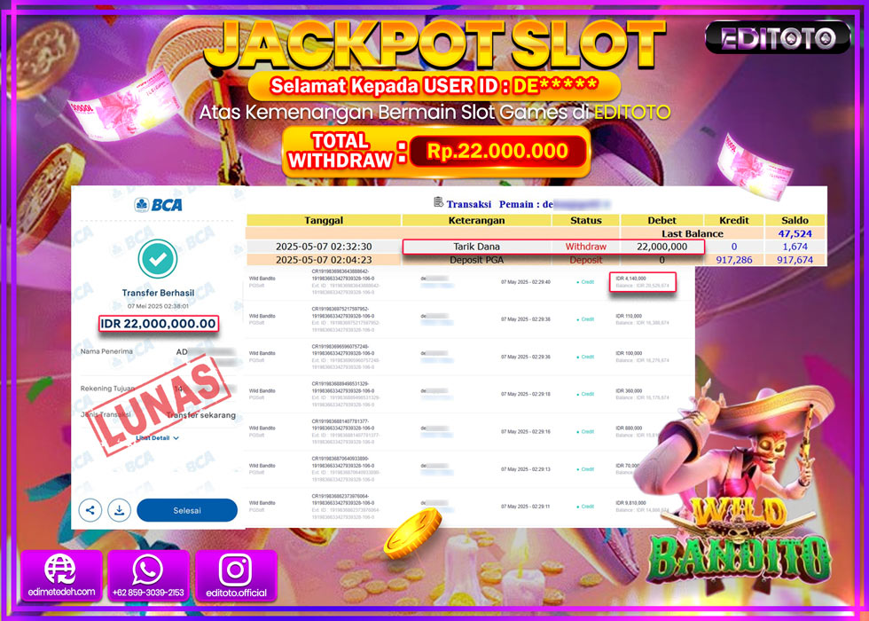 JACKPOT EDITOTO SLOT WILD BANDITO Rp.22.000.000,- LUNAS