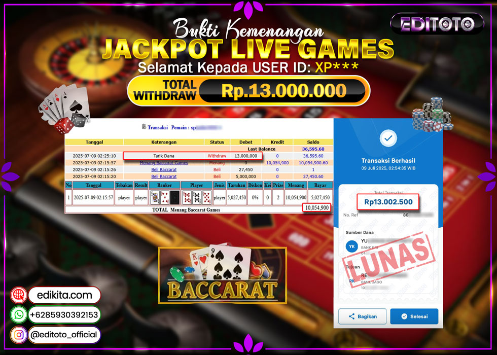 JACKPOT EDITOTO LIVE GAMES BACCARAT Rp. 13.000.000.,- LUNAS