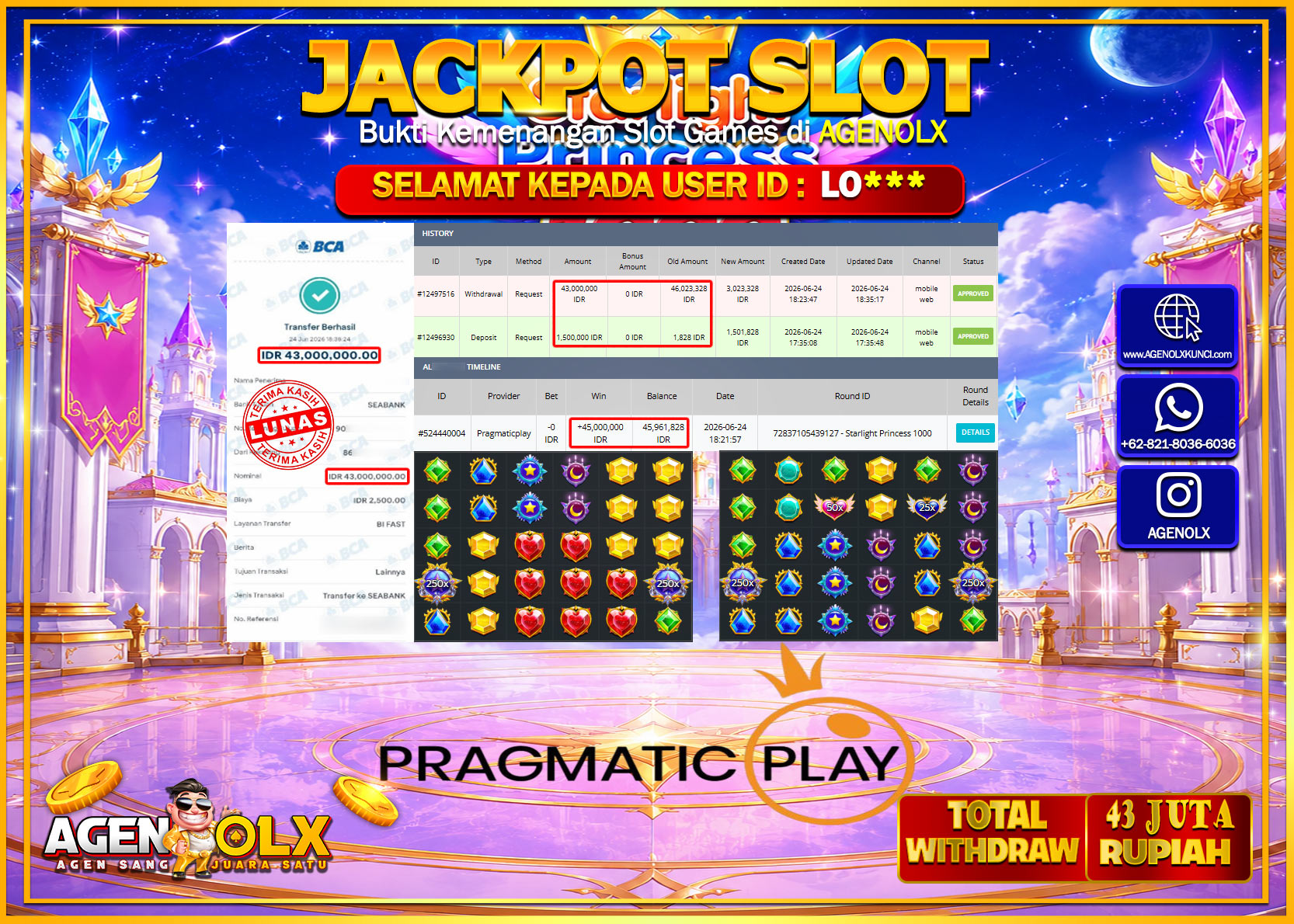 AGENOLX JACKPOT SLOT STARLIGHT PRINCES 1000  Rp 43.000.000- LUNAS