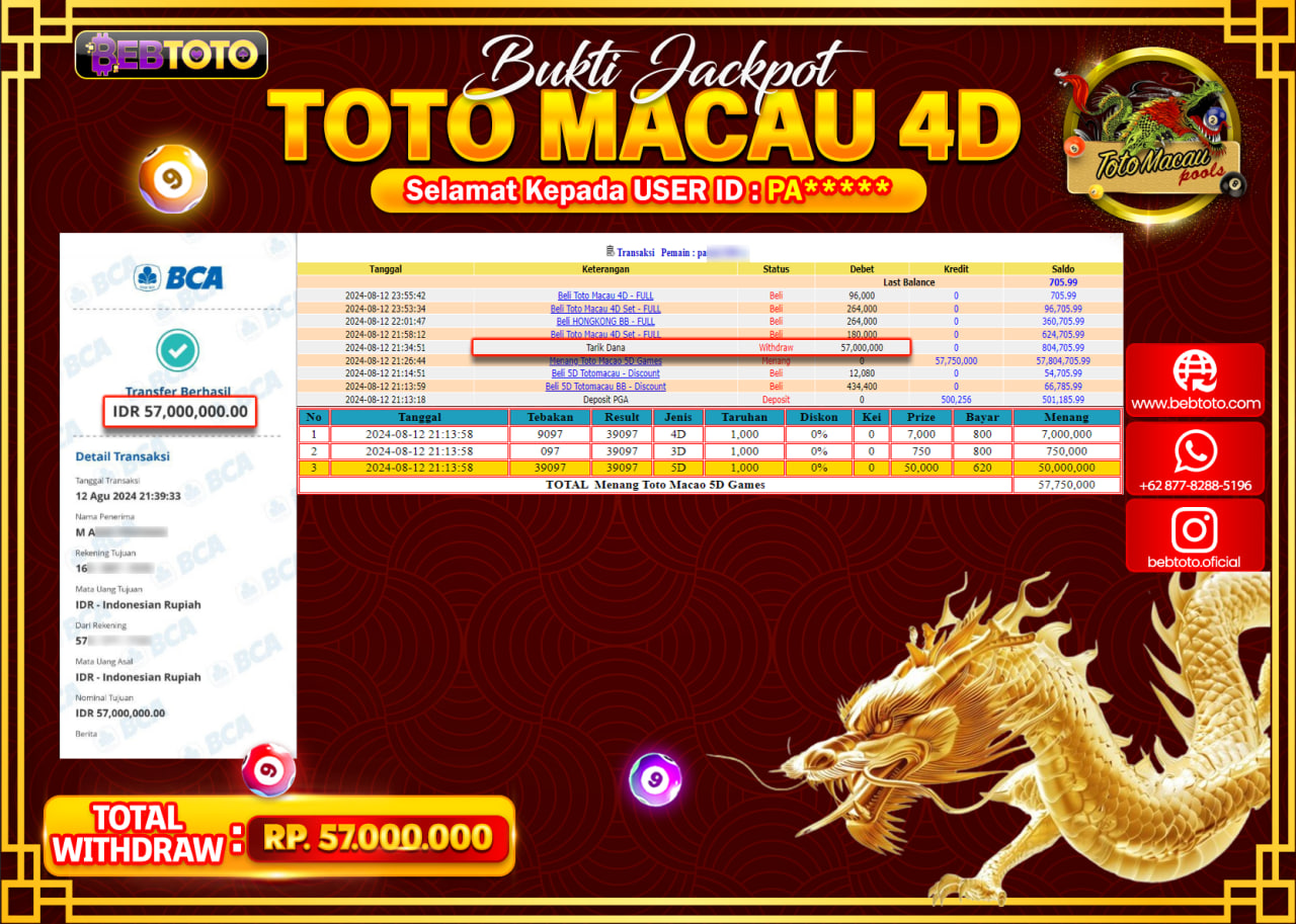 JACKPOT TOGEL BEBTOTO TOTO MACAU POOLS Rp.57.000.000.,- LUNAS