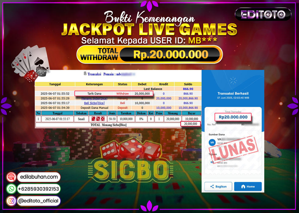 JACKPOT EDITOTO LIVE GAMES SICBO DICE Rp. 20.000.000.,- LUNAS