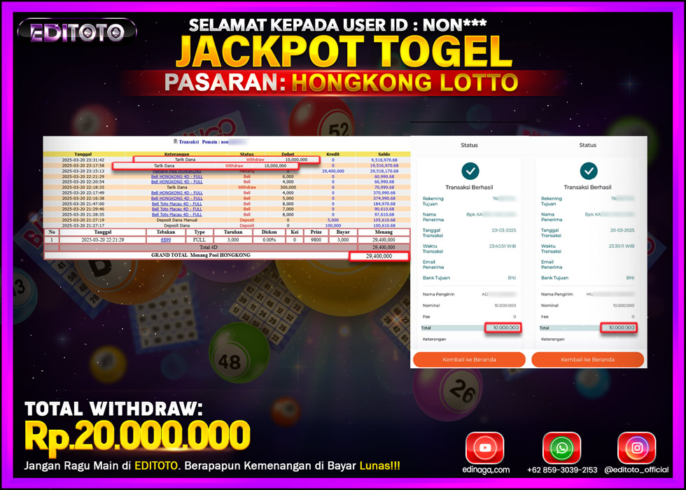 JACKPOT TOGEL PASARAN HONGKONG LOTTO Rp.20.000.000.,- LUNAS