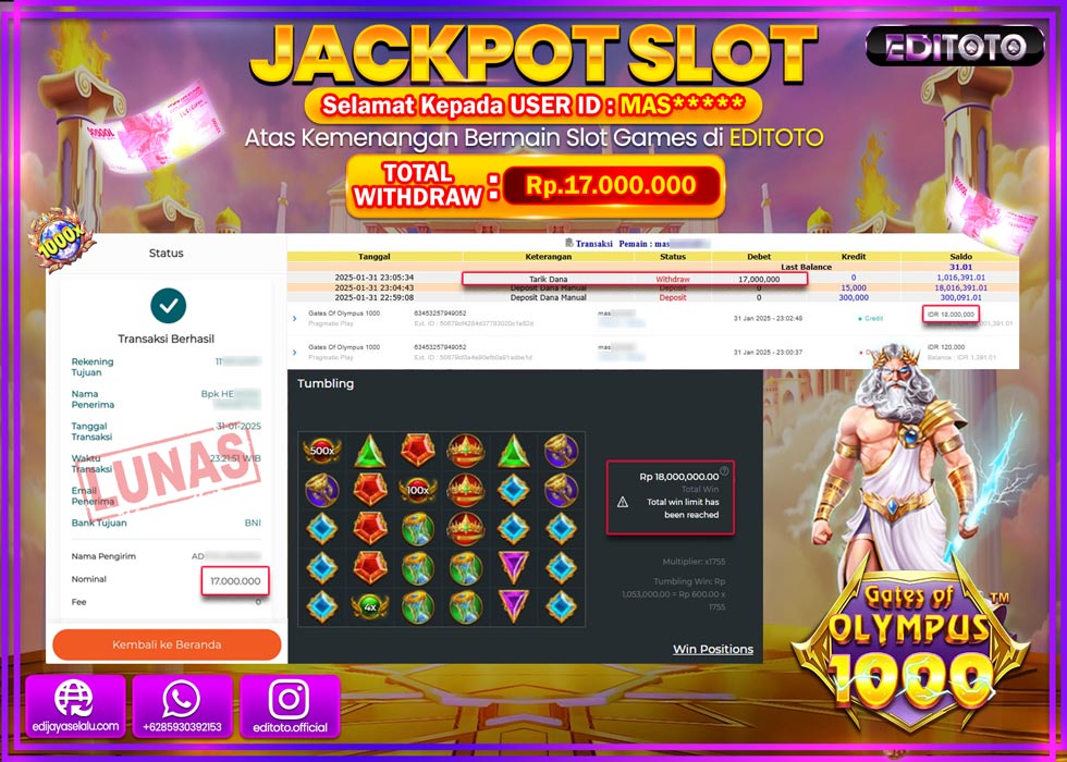 JACKPOT SLOT GATES OF OLYMPUS 1000  Rp.17.000.000.,- LUNAS