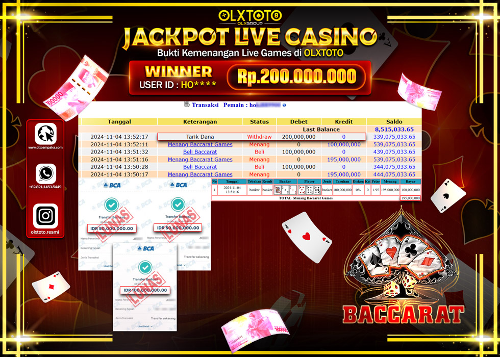 OLXTOTO JACKPOT  LIVE GAMES BACCARAT Rp.200.000.000.,- LUNAS