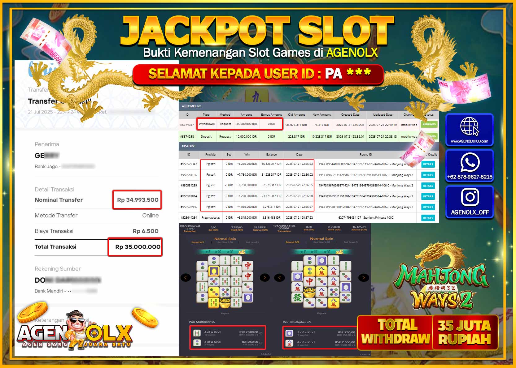 AGENOLX JACKPOT  SLOT MAHJONG WAYS 2 Rp 35.000.000,- LUNAS
