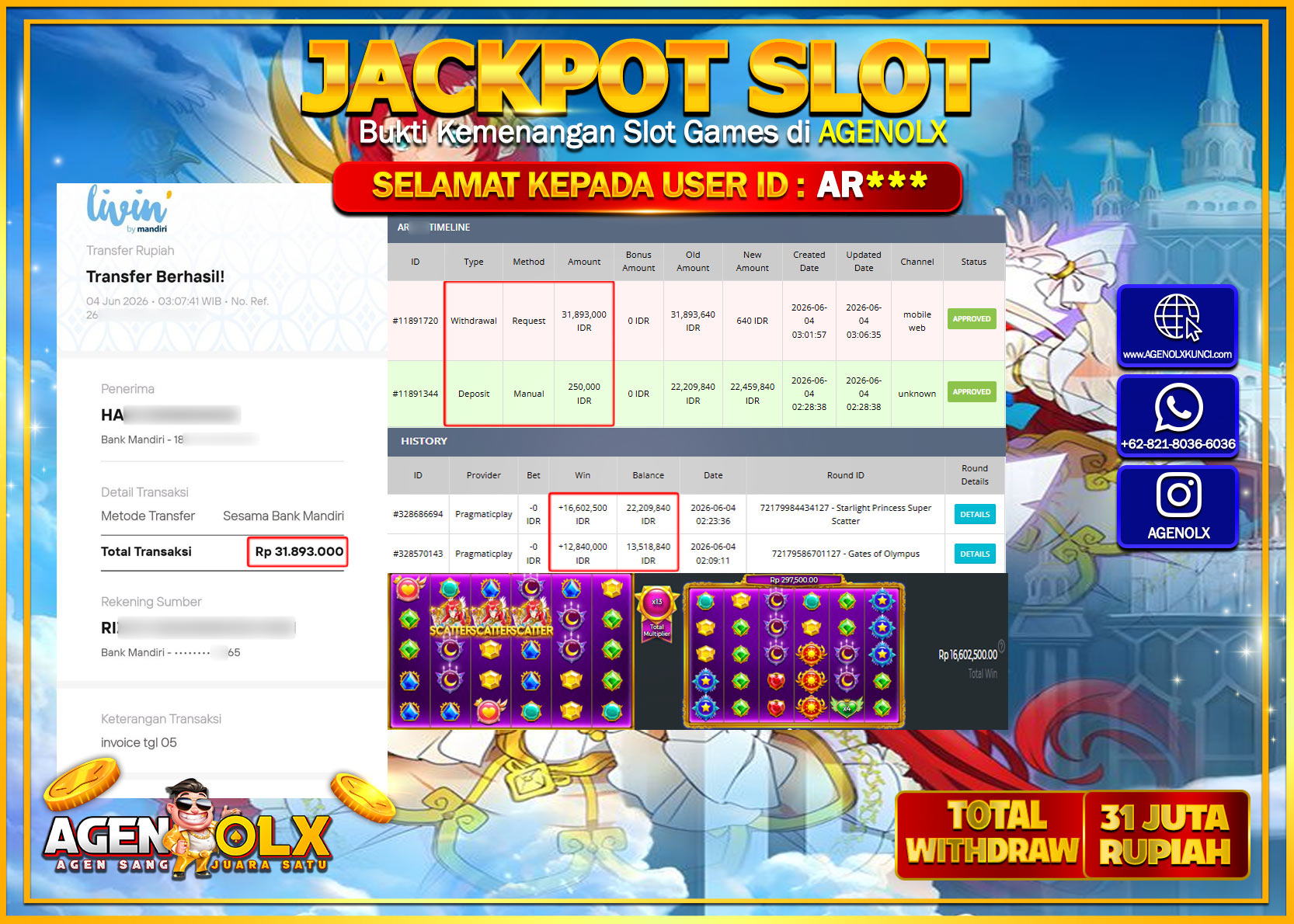 AGENOLX JACKPOT SLOT STARLIGHT PRINCESS SUPER SCATTER Rp 31.893.000- LUNAS