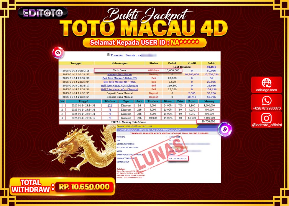 JACKPOT TOGEL PASARAN TOTOMACAU 4D Rp.10.650.000.,- LUNAS