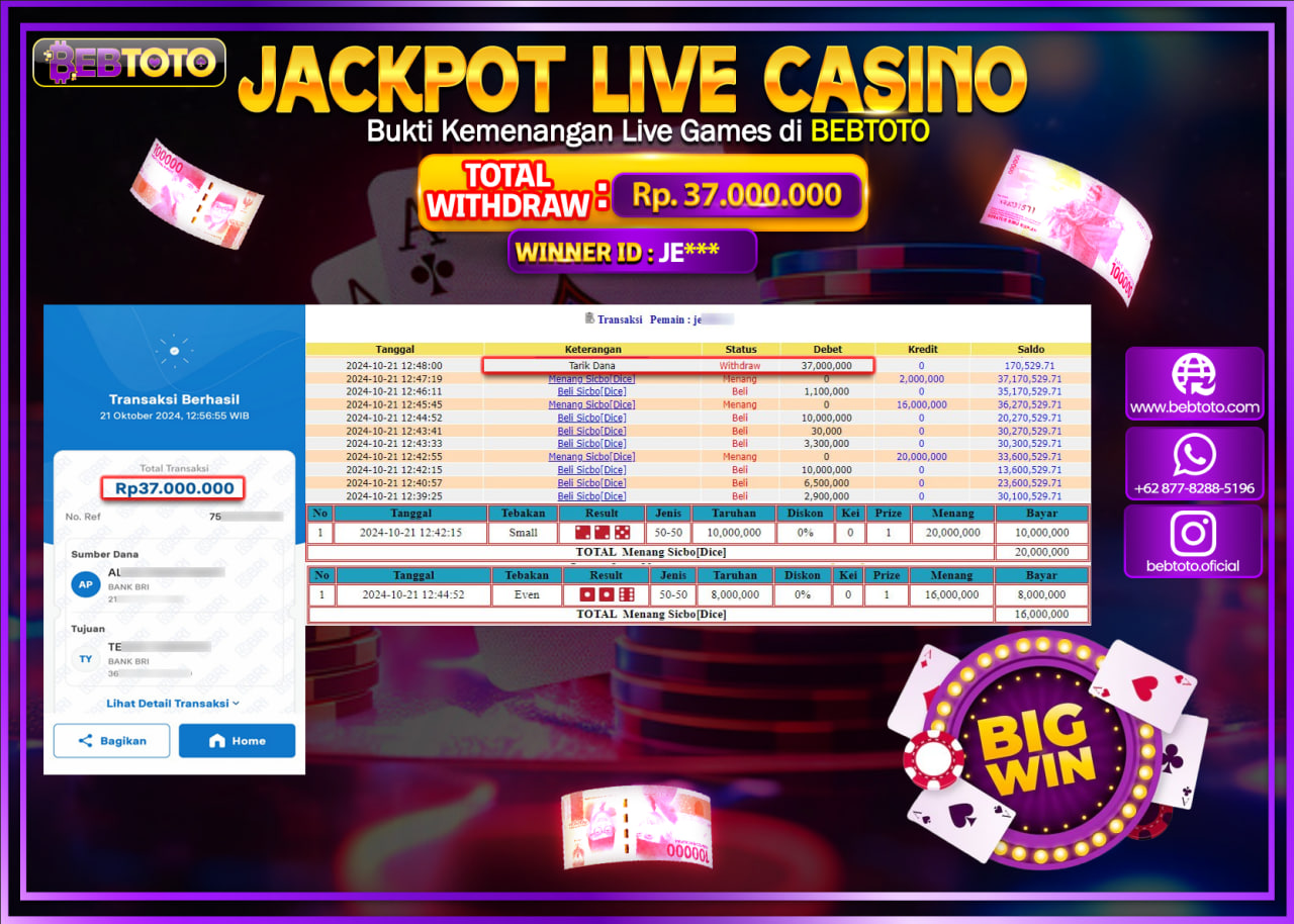 JACKPOT LIVE CASINO BEBTOTO SICBO DICE Rp.37.000.000.,- LUNAS