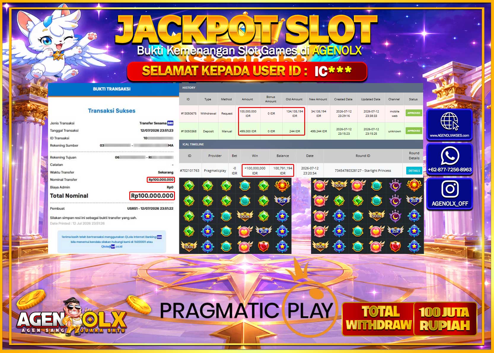 AGENOLX JACKPOT PRAGMATIC PLAY STARLIGHT OF PRINCES Rp  100.000.000-LUNAS