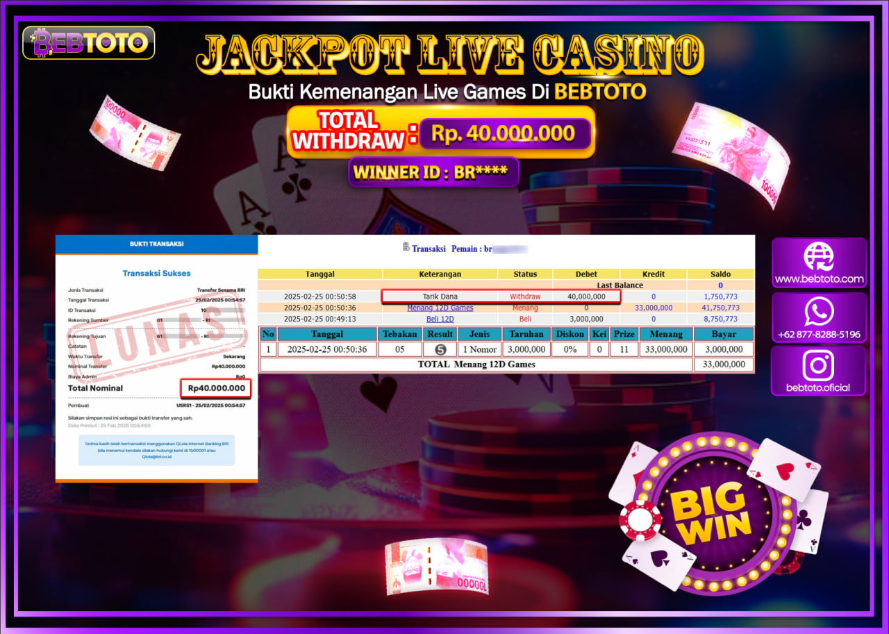 JACKPOT LIVE CASINO BEBTOTO 12D GAMES  Rp.40.000.000.,- LUNAS