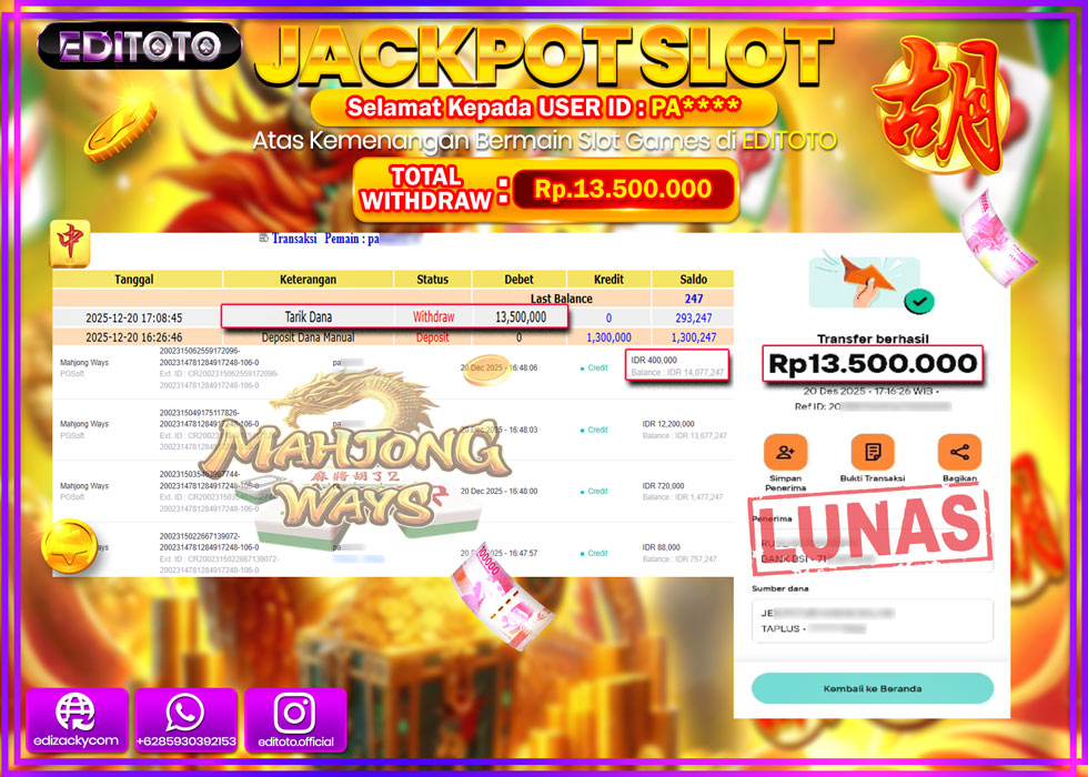 JACKPOT EDITOTO SLOT MAHJONG WAYS  Rp.13.500.000,- LUNAS