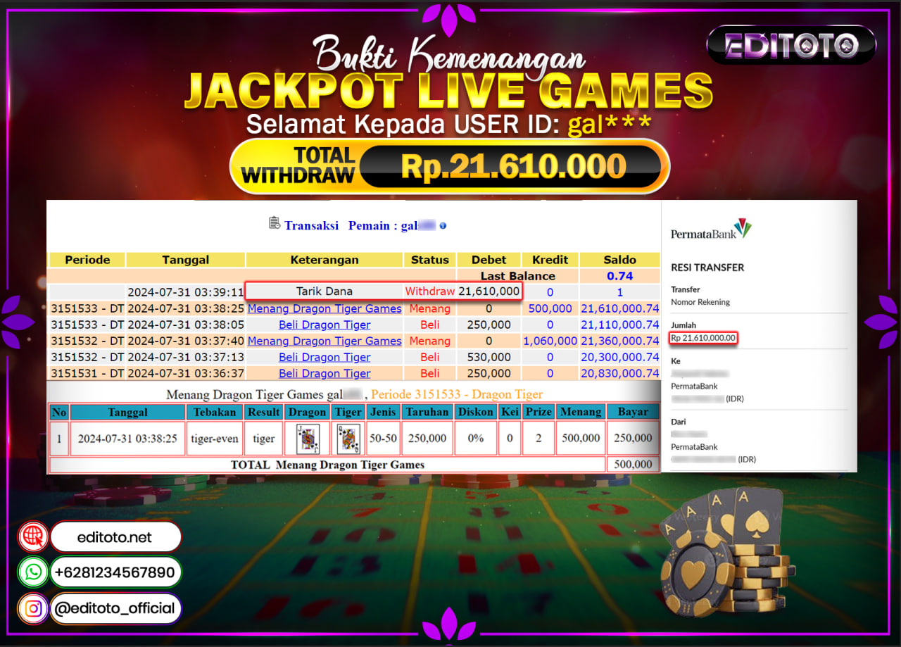 JACKPOT LIVE GAME EDITOTO DRAGON TIGER Rp.21.610.000.,- LUNAS