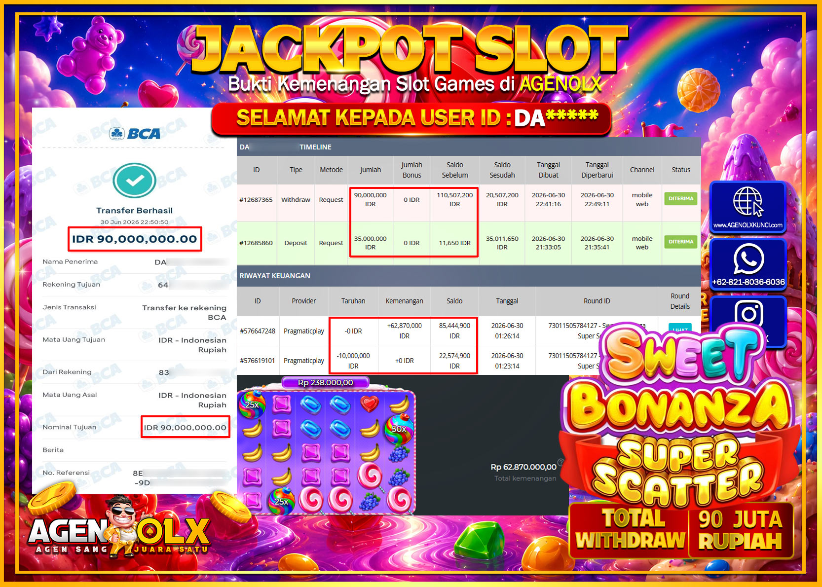 AGENOLX JACKPOT SLOT  SWEET BONANZA SUPER SCATTER  Rp 90.000.000- LUNAS