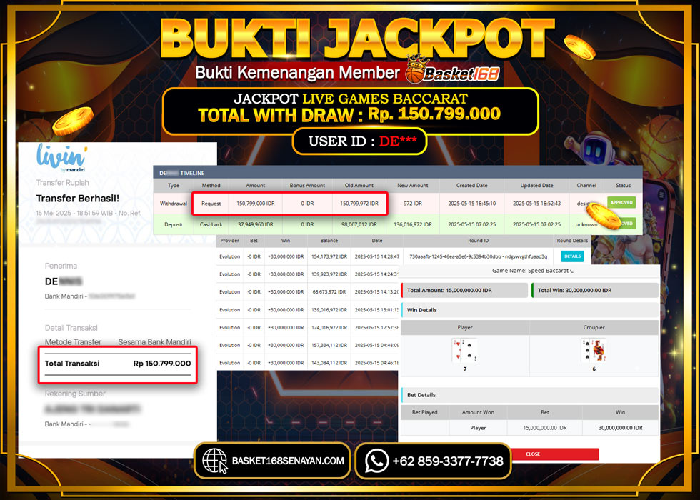 BASKET168 JACKPOT LIVE GAMES BACCARAT Rp. 150.799.000,- LUNAS