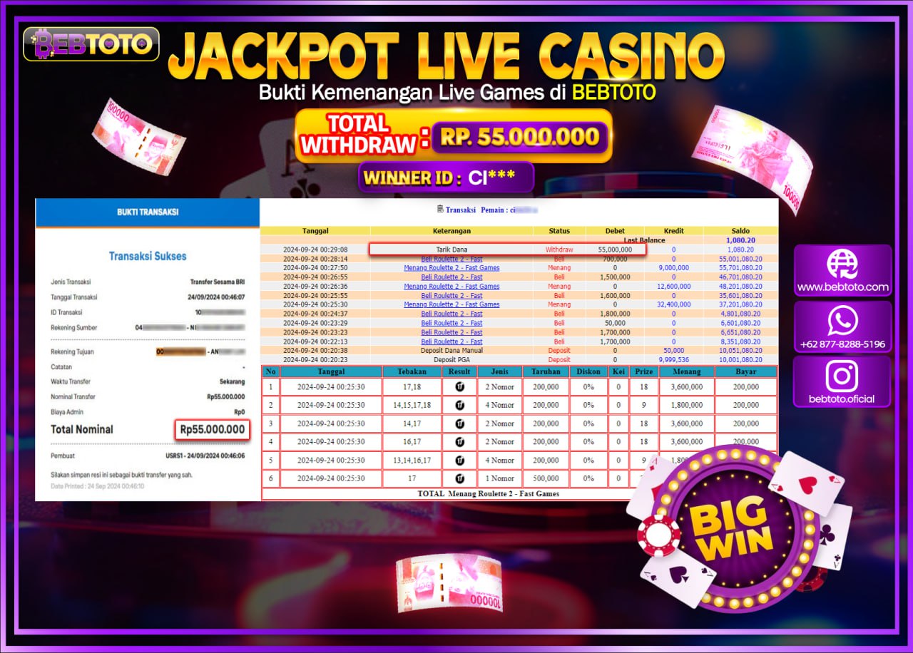 JACKPOT LIVE CASINO BEBTOTO ROULETTE Rp.55.000.000.,- LUNAS