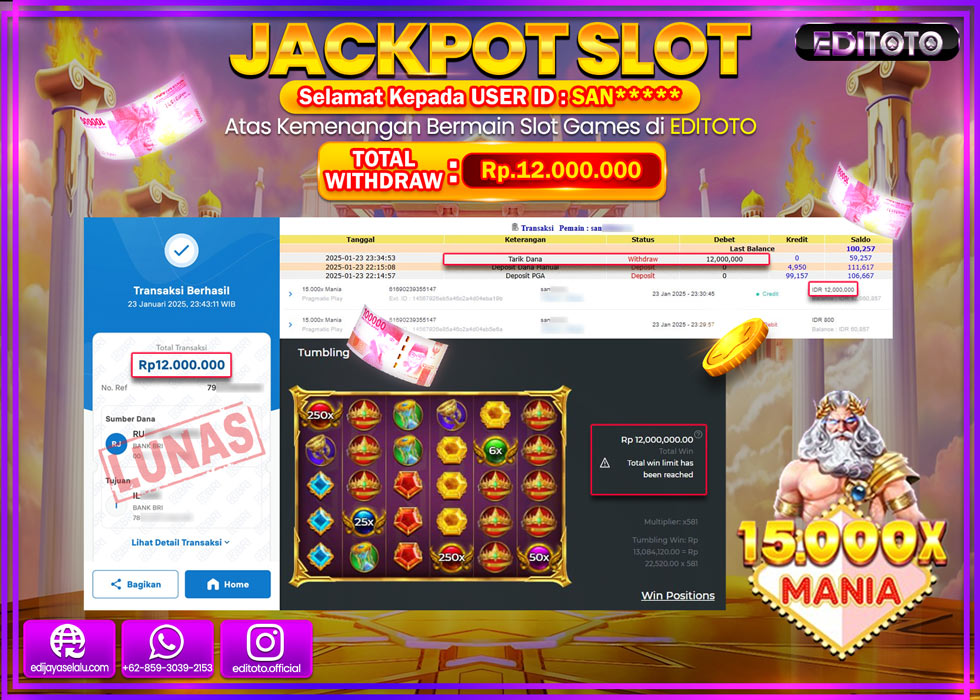 JACKPOT SLOT 15.000X MANIA  Rp.12.000.000.,- LUNAS