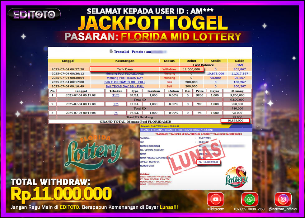 JACKPOT EDITOTO TOGEL PASARAN FLORIDA MID LOTTERY Rp.11.000.000.,- LUNAS