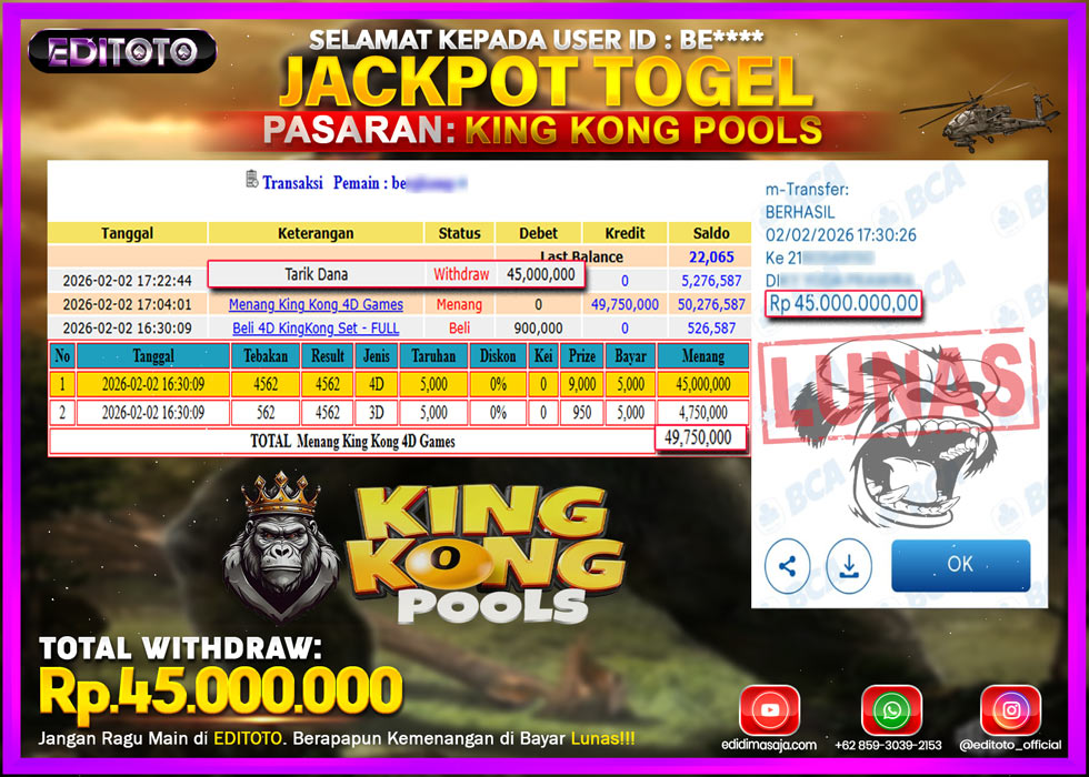 JACKPOT EDITOTO TOGEL PASARAN KINGKONG POOLS Rp.45.000.000.,- LUNAS 