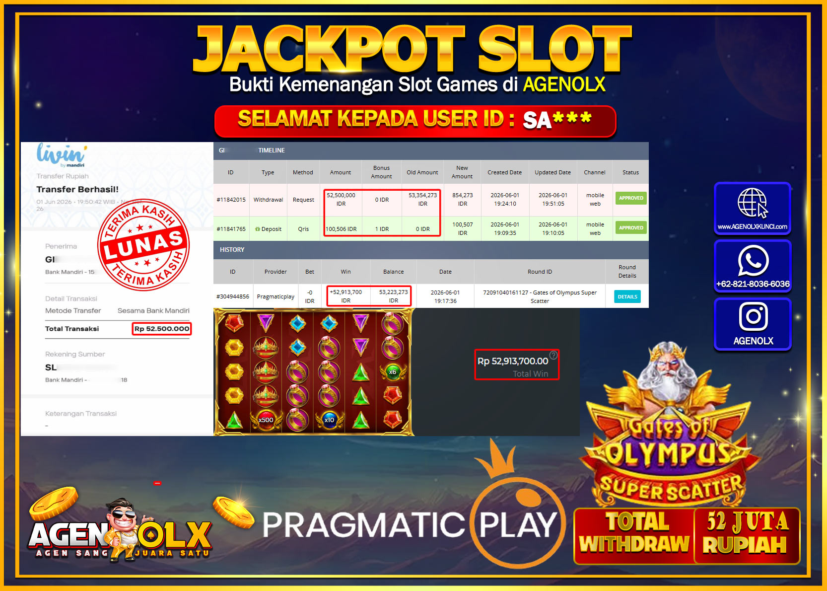AGENOLX JACKPOT SLOT GATES OF OLYMPUS SUPER SCATTER Rp 52.500.000 - LUNAS