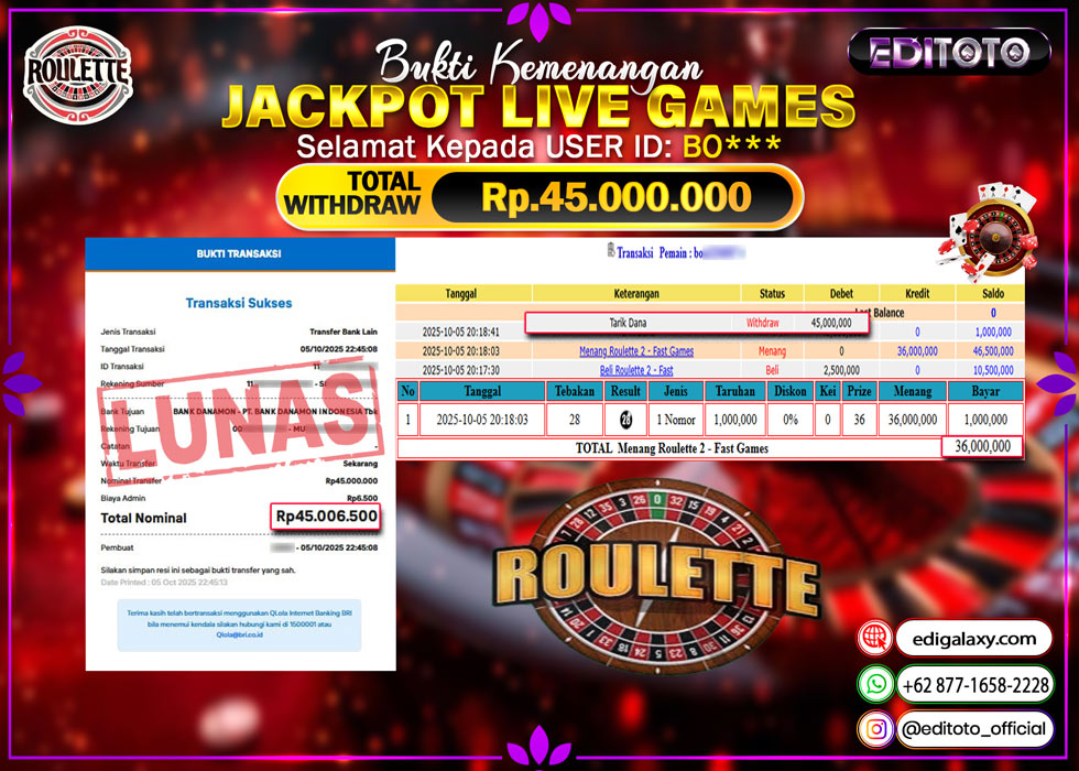 JACKPOT EDITOTO LIVE GAMES ROULETTE Rp. 45.000.000.,- LUNAS