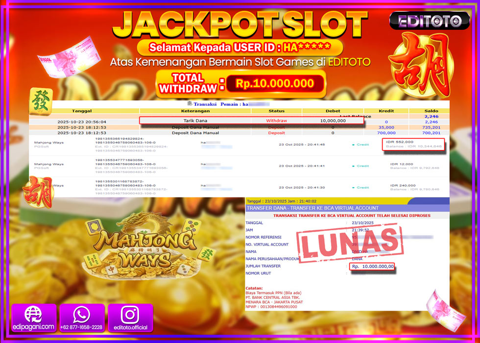 JACKPOT EDITOTO SLOT MAHJONG WAYS  Rp.10.000.000,- LUNAS  
