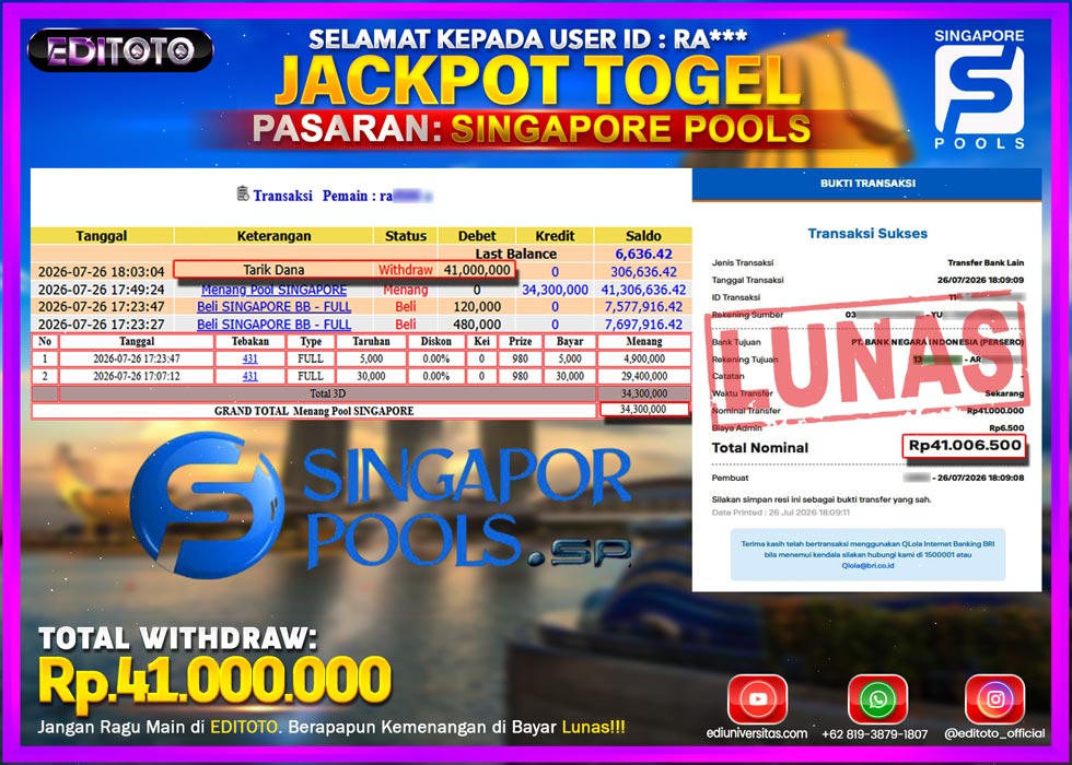 JACKPOT EDITOTO TOGEL PASARAN SINGAPORE POOLS Rp.41.000.000.,- LUNAS
