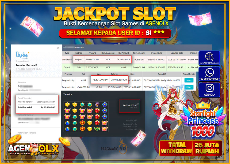 AGENOLX JACKPOT SLOT SLOT STARLIGHT PRINCESS 1000 Rp 26.000.000,- LUNAS