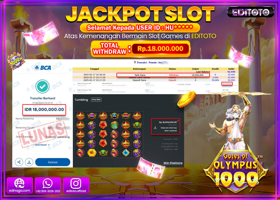 JACKPOT SLOT GATES OF OLYMPUS 1000  Rp.18.000.000.,- LUNAS