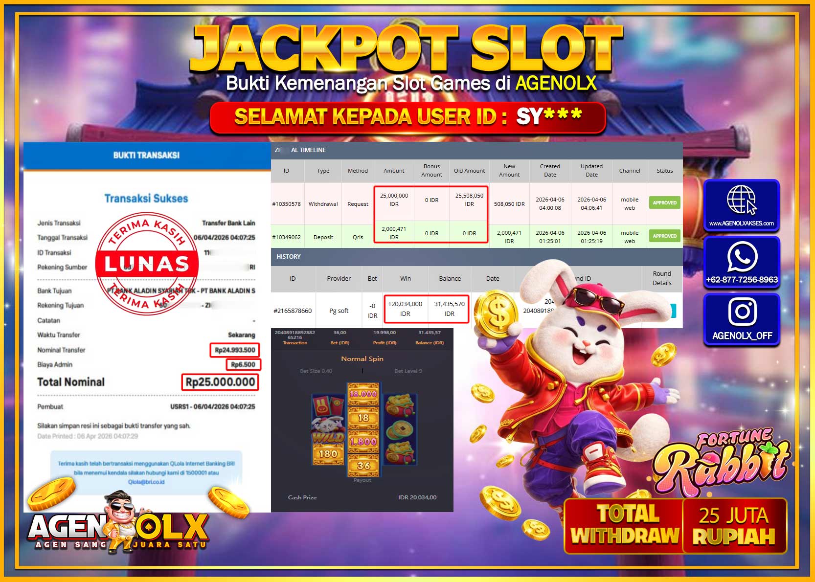 AGENOLX JACKPOT SLOT FORTUNE RABBIT  Rp 25.000.000 - LUNAS