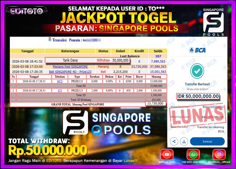 JACKPOT EDITOTO TOGEL PASARAN SINGAPORE POOLS Rp.50.000.000.,- LUNAS