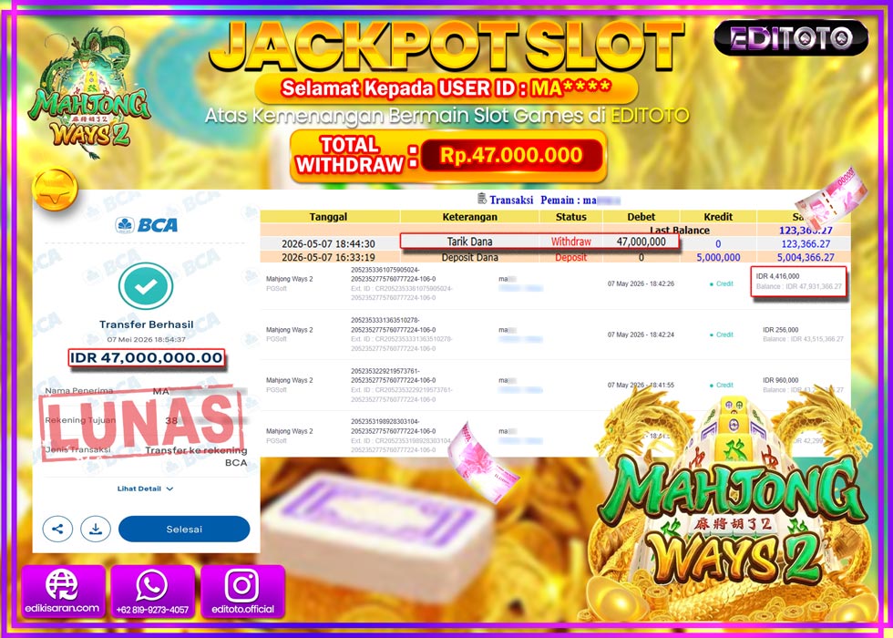 JACKPOT EDITOTO SLOT MAHJONG WAYS 2  Rp.47.000.000,- LUNAS