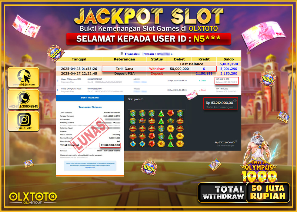 BINTANGSLOT77 JACKPOT SLOT GATES OF OLYMPUS 1000  Rp.50.000.000.,- LUNAS