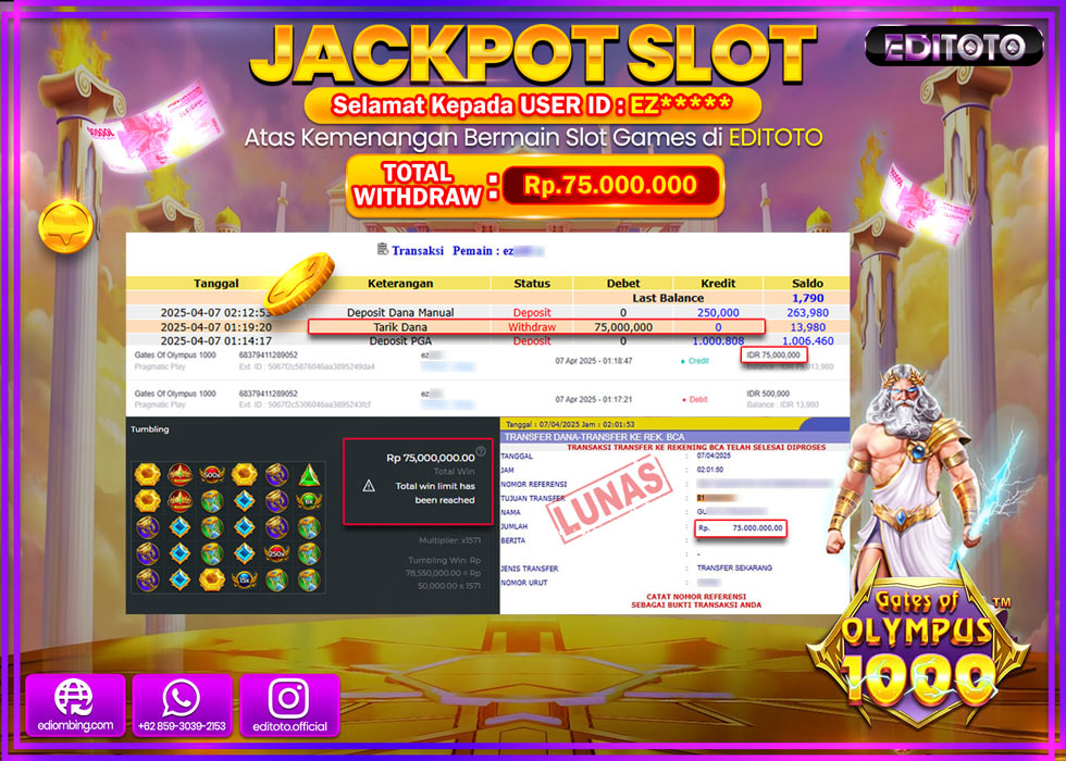 JACKPOT SLOT GATES OF OLYMPUS 1000 Rp.75.000.000,- LUNAS