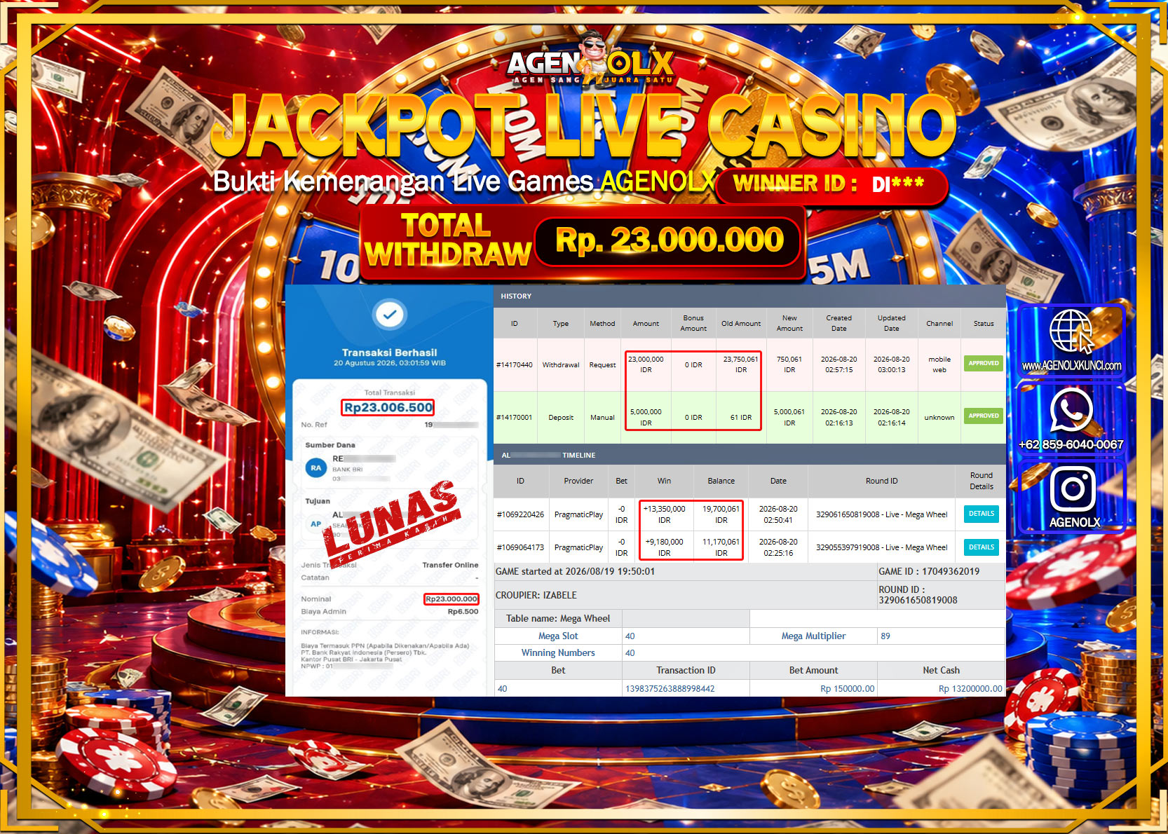 AGENOLX JACKPOT LIVE CASSSINO LIVE MEGA WHEEL   Rp 23.000.000 -LUNAS