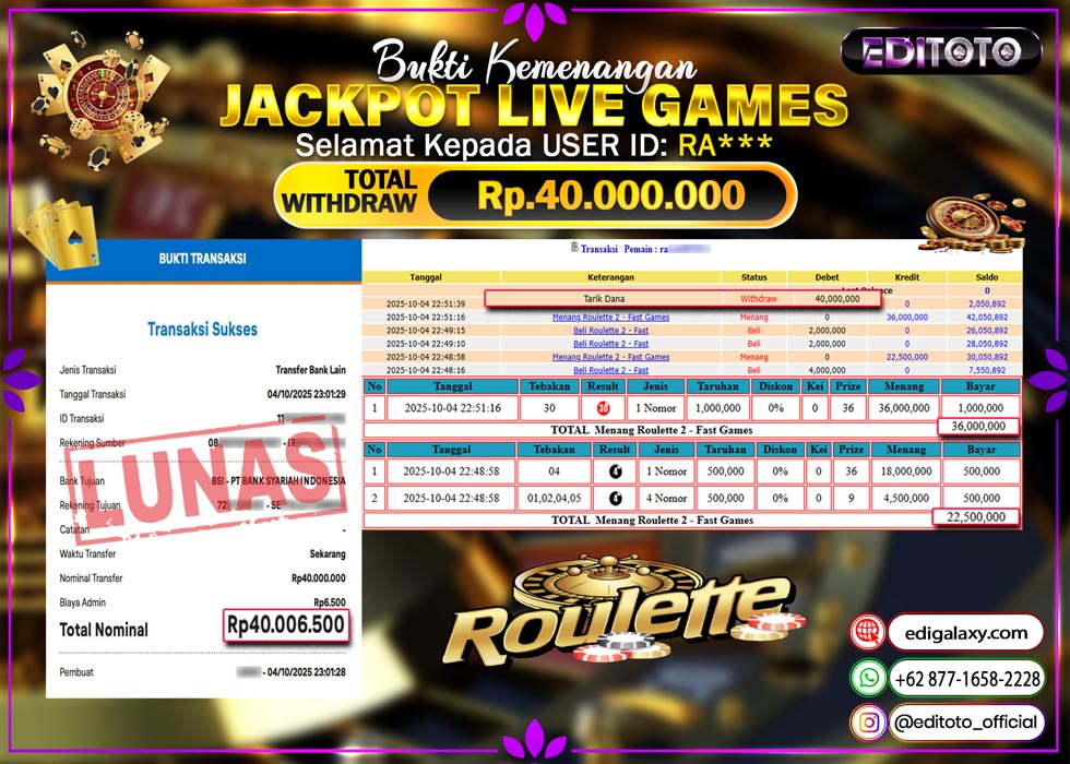 JACKPOT EDITOTO LIVE GAMES ROULETTE Rp. 40.000.000.,- LUNAS    