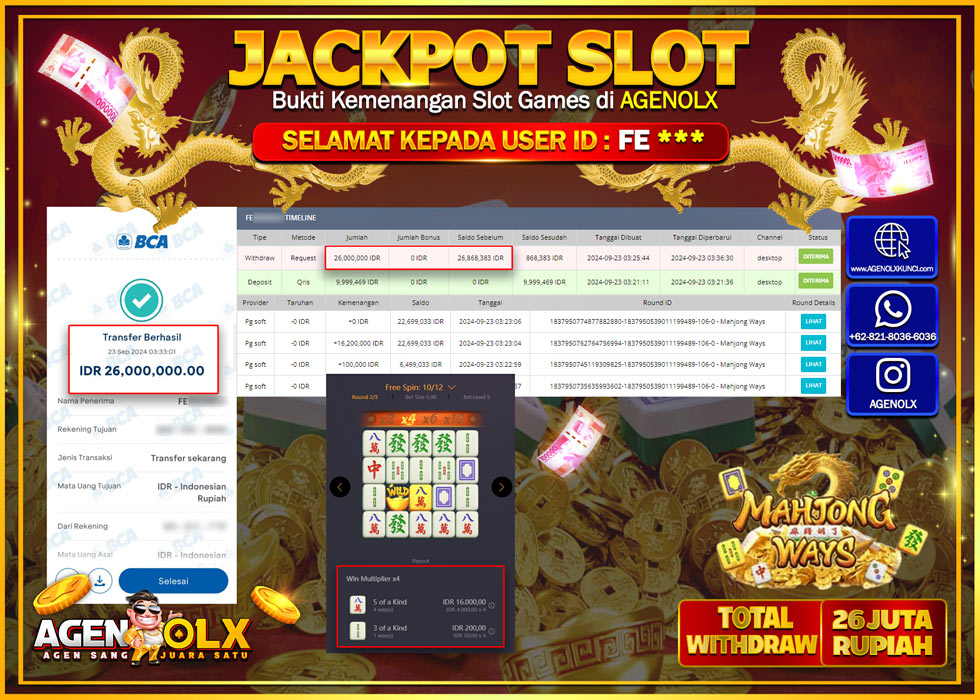 AGENOLX JACKPOT  SLOT MAHJONG WAYS Rp.26.000.000,- LUNAS