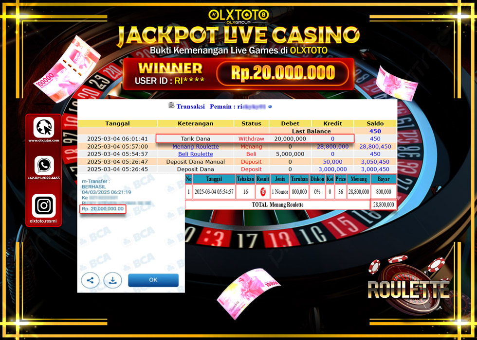 OLXTOTO JACKPOT  LIVE GAMES ROULETTE Rp.20.000.000.,- LUNAS