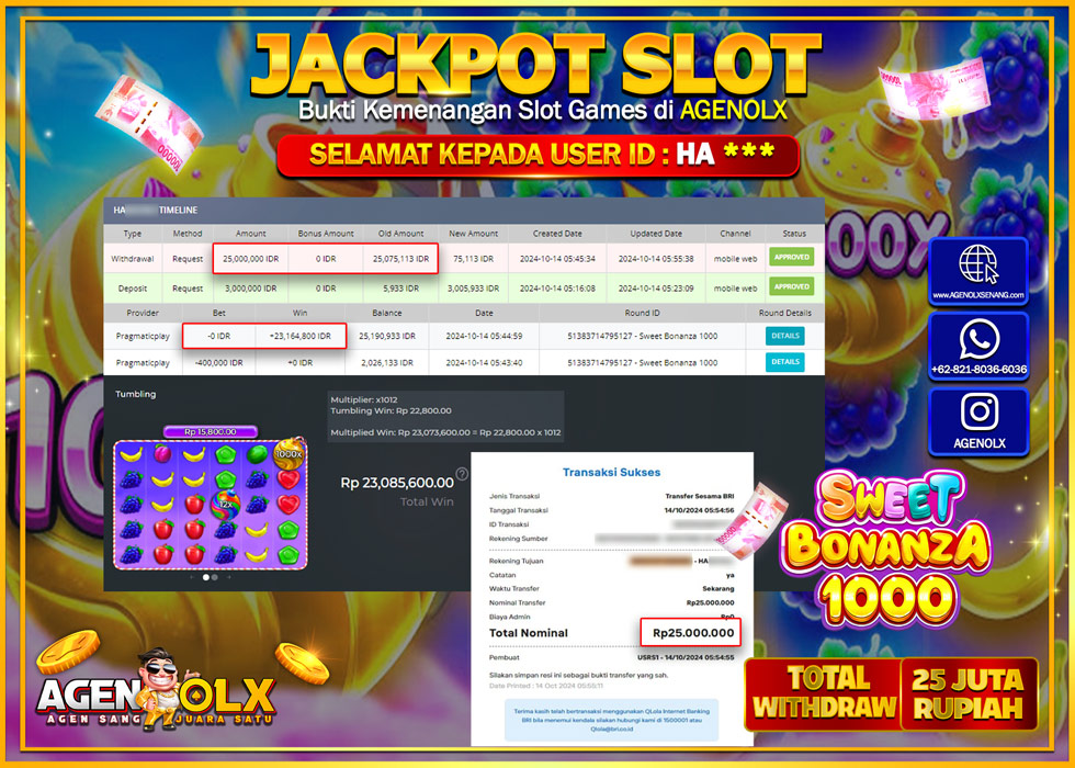 AGENOLX JACKPOT SLOT SWEET BONANZA 1000 Rp25.000.000,- LUNAS