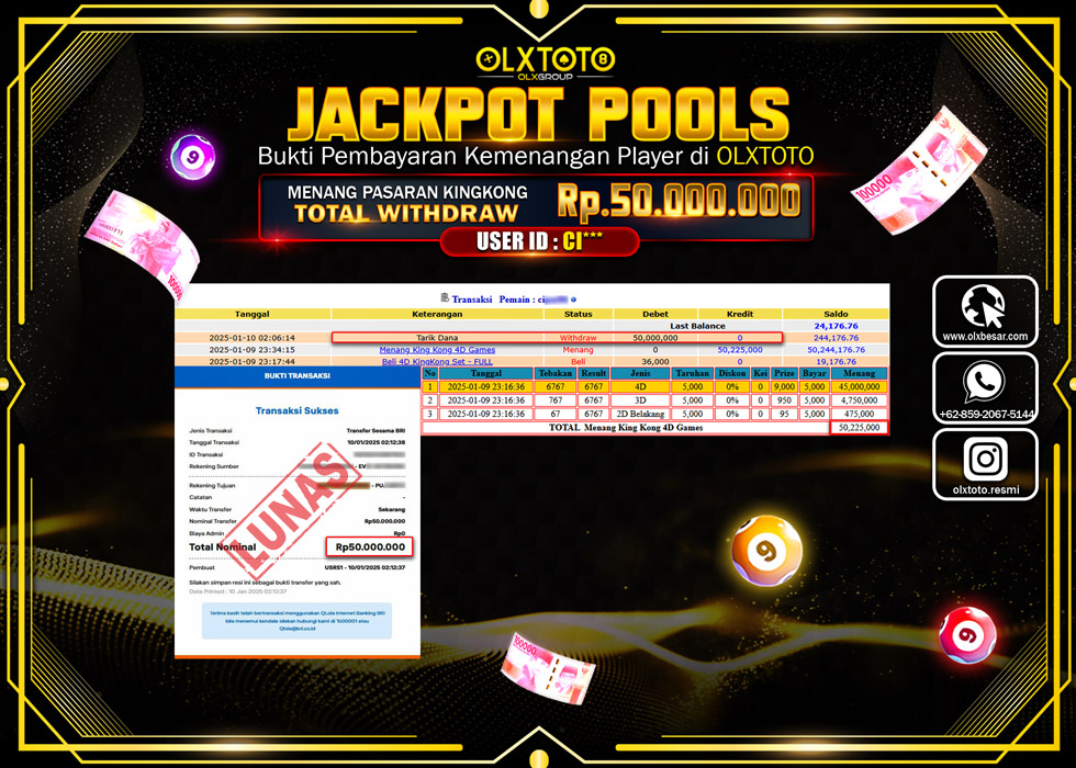 OLXTOTO JACKPOT  TOGEL POOL KINGKONG Rp.50.000.000.,- LUNAS