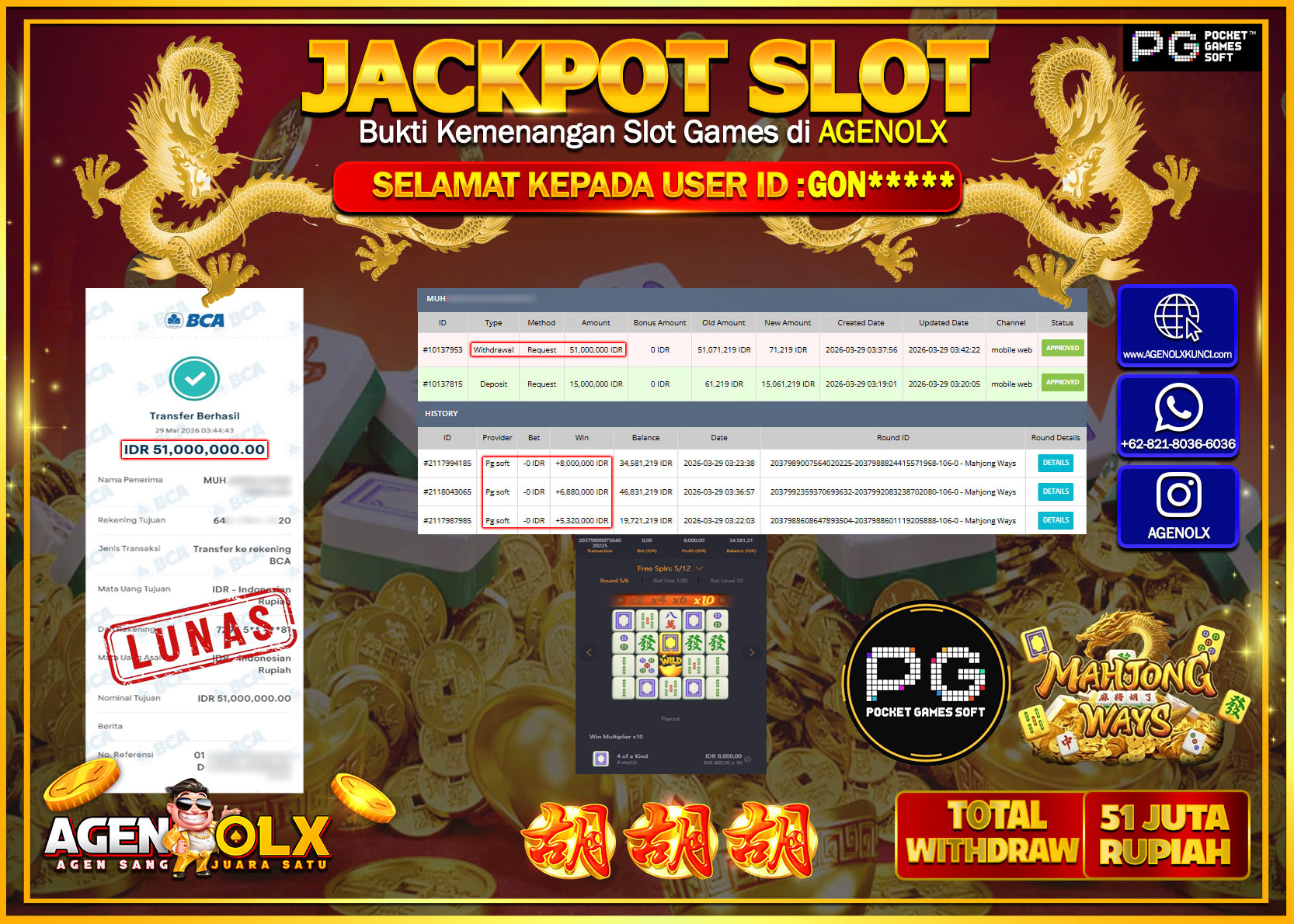 AGENOLX JACKPOT SLOT  PG SOFT MAHJONG WAYS Rp 51.000.000 - LUNAS