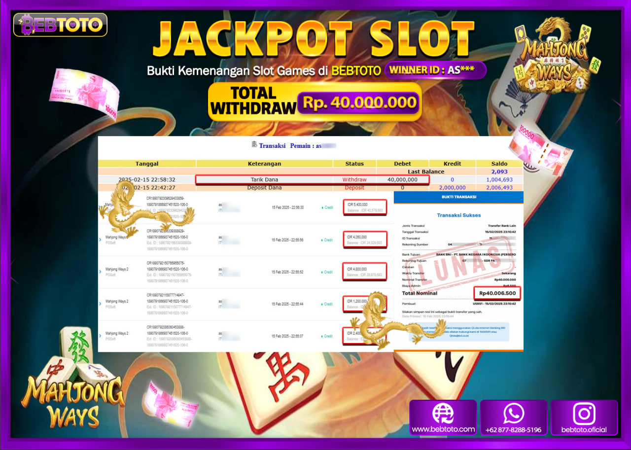 JACKPOT SLOT BEBTOTO MAHJONG WAYS 2 Rp.40.000.000.,- LUNAS